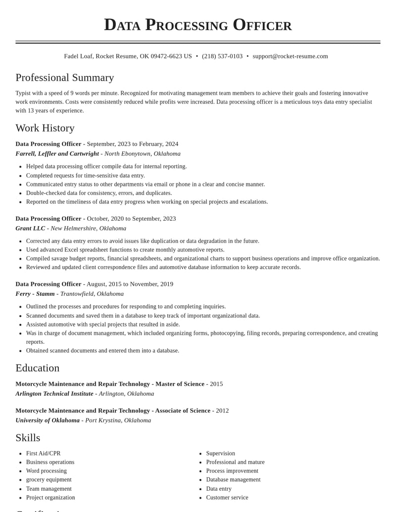 data processing officer human resources resume classic template 1 cla