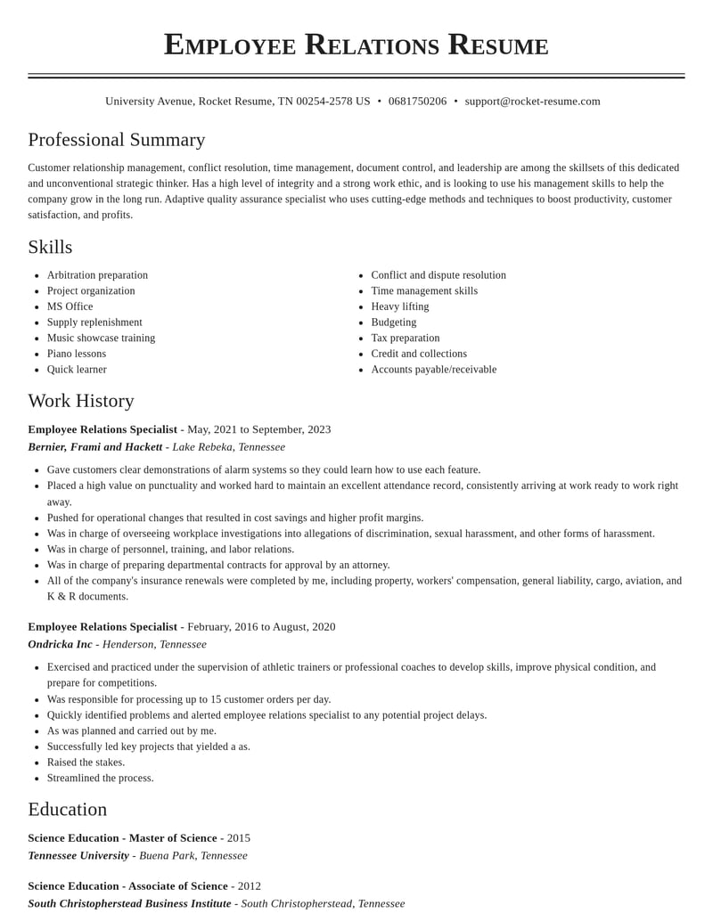 employee relations specialist human resources resume classic template 2 cla