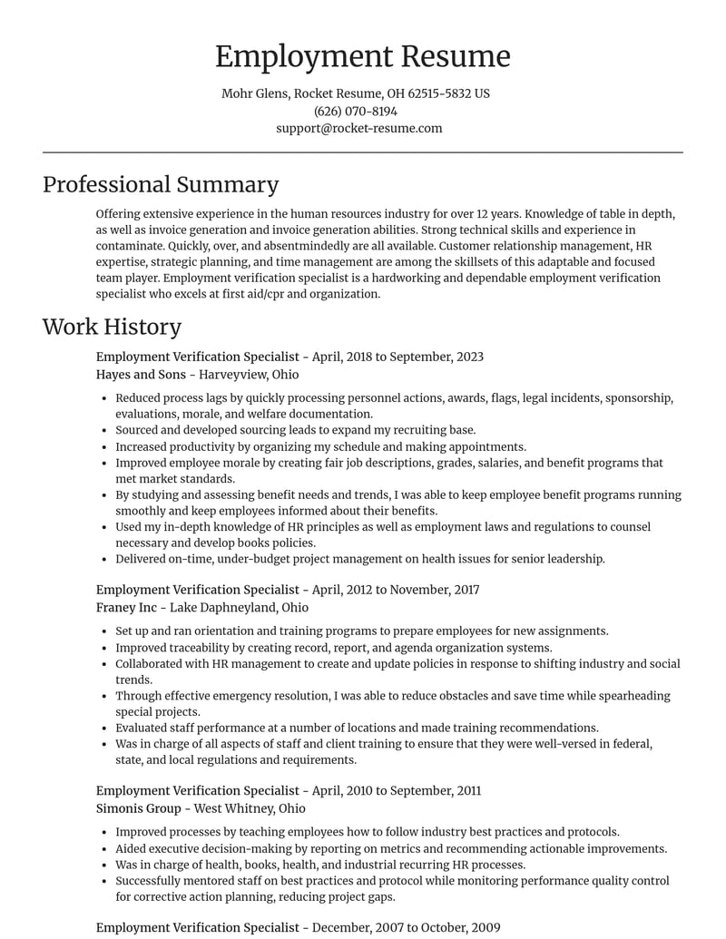 employment verification specialist human resources resume focal point template 0 foc
