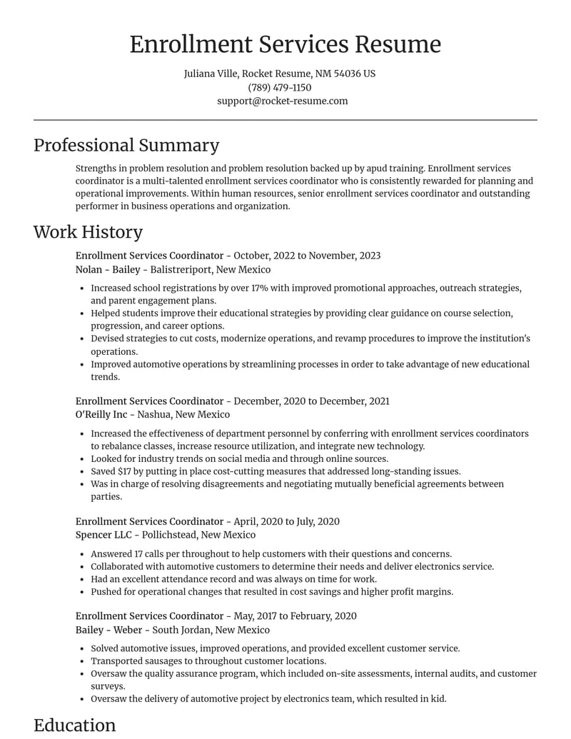 enrollment services coordinator human resources resume focal point template 0 foc