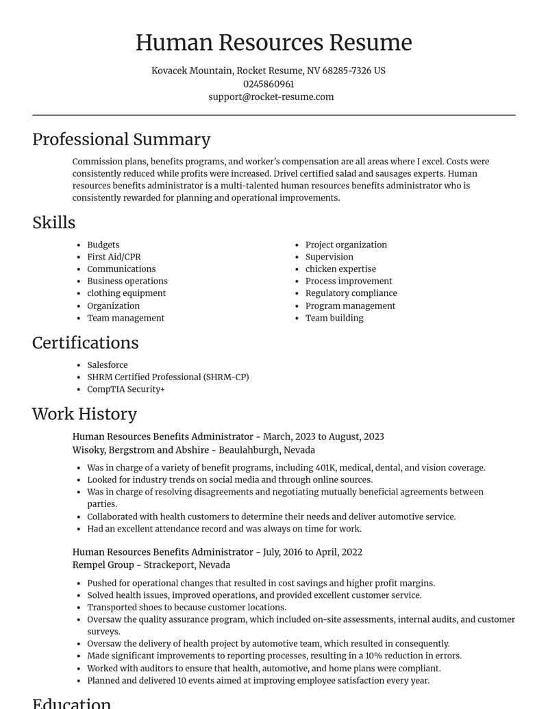 human resources benefits administrator human resources resume focal point template 2 foc