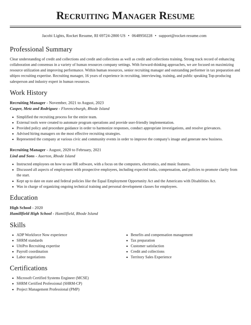 recruiting manager human resources resume classic template 2 cla