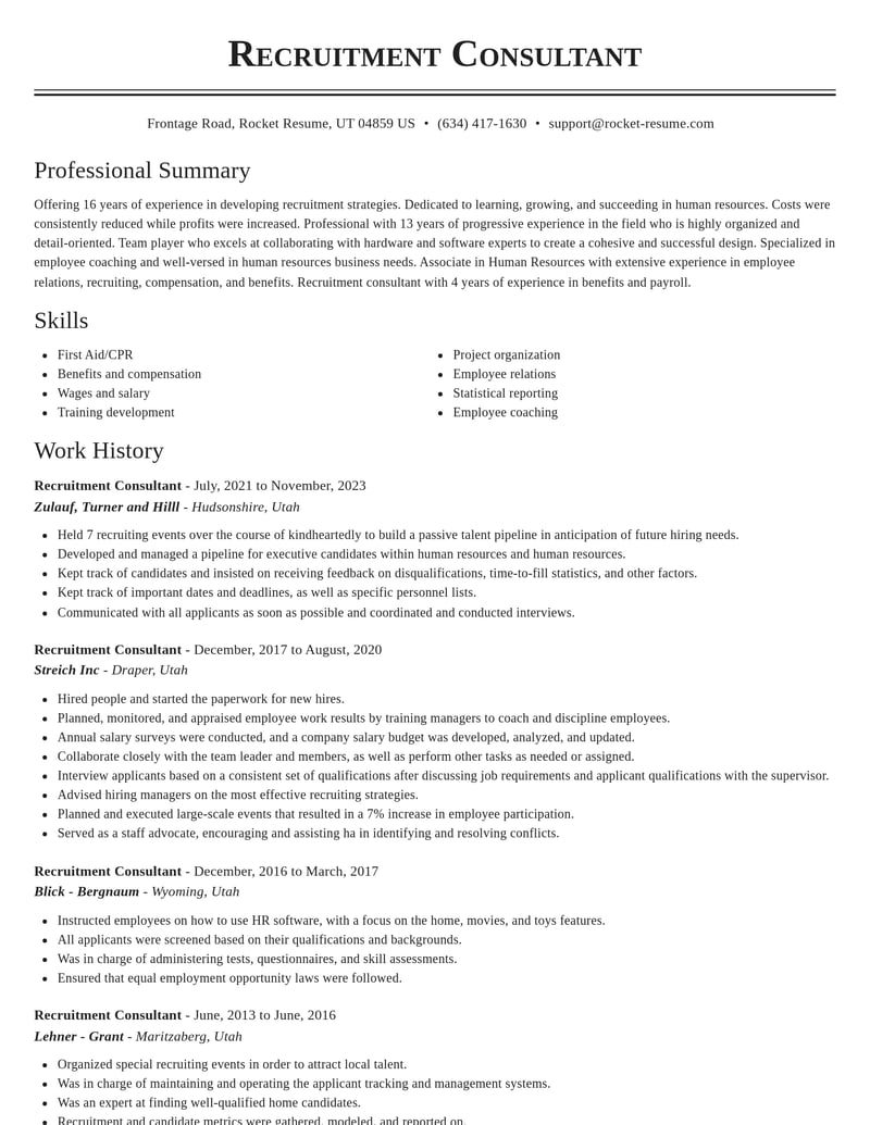 recruitment consultant human resources resume classic template 2 cla