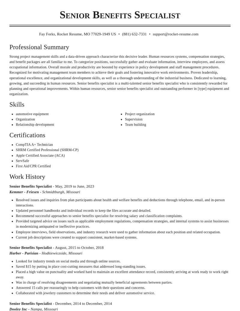 senior benefits specialist human resources resume classic template 2 cla