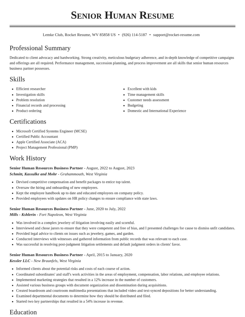 senior human resources business partner human resources resume classic template 2 cla