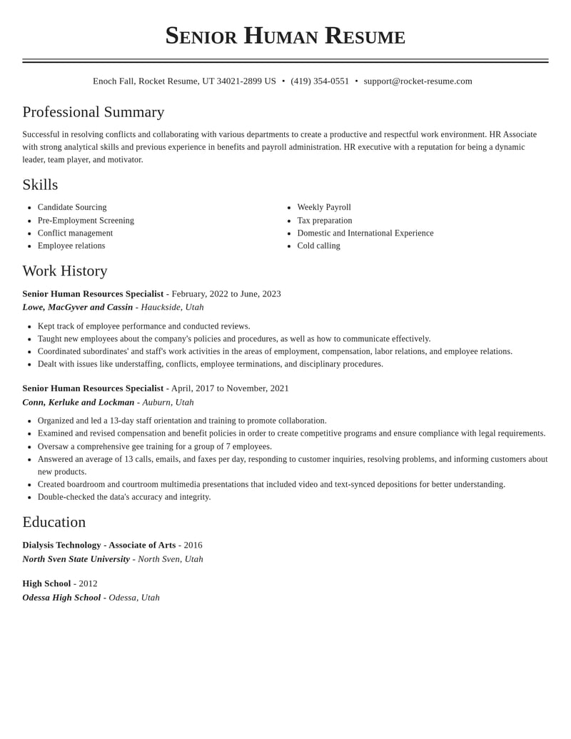 senior human resources specialist human resources resume classic template 0 cla