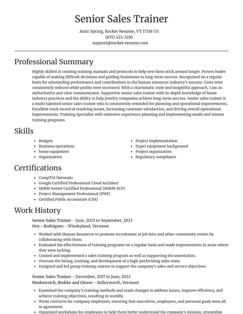 senior sales trainer human resources resume focal point template 2 foc
