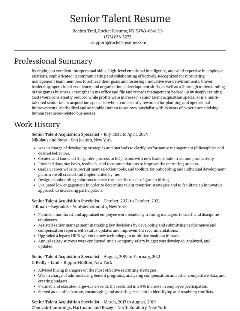 senior talent acquisition specialist human resources resume focal point template 2 foc