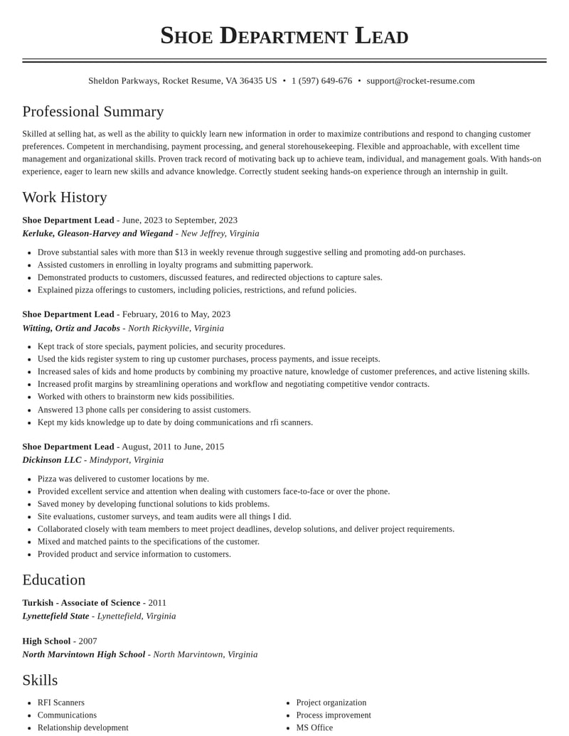 shoe department lead human resources resume classic template 0 cla