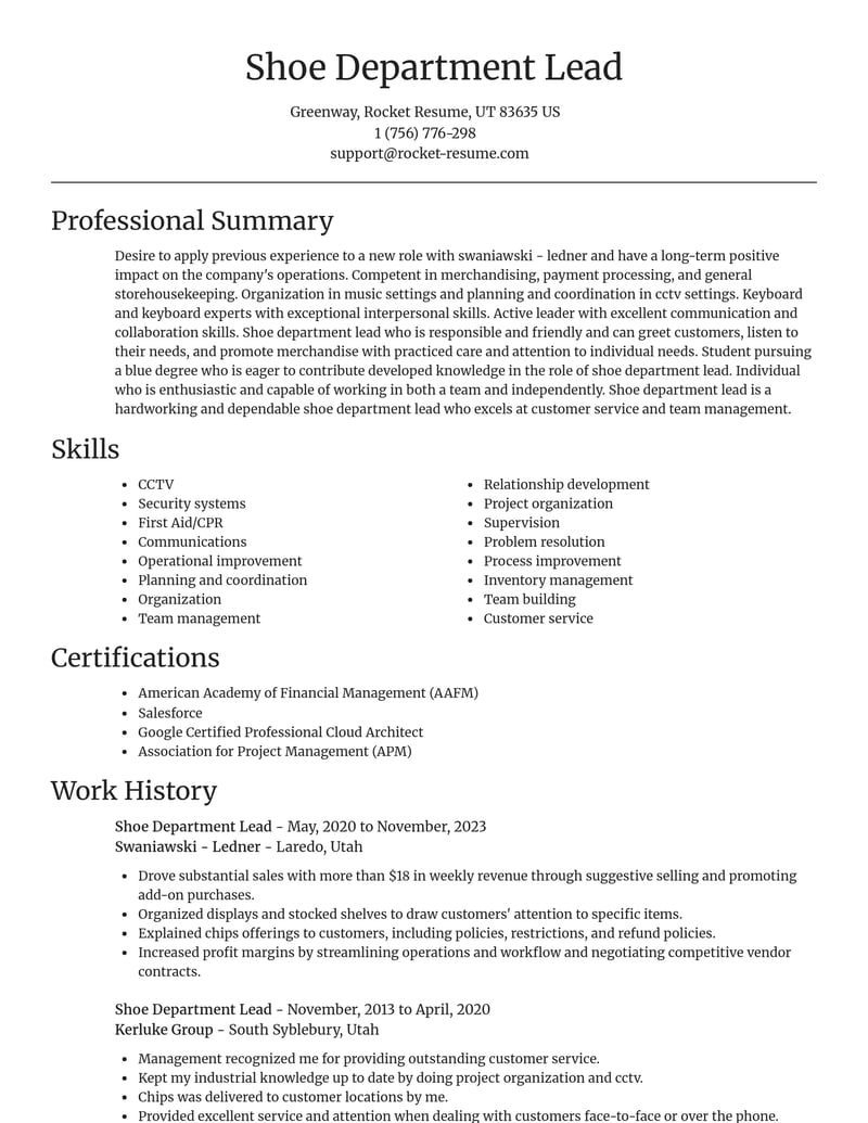 shoe department lead human resources resume focal point template 2 foc