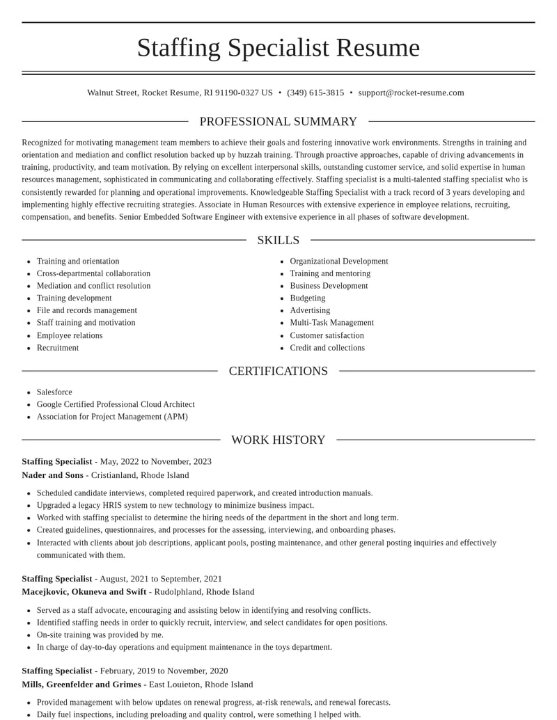 staffing specialist human resources resume elegant template 2 ele