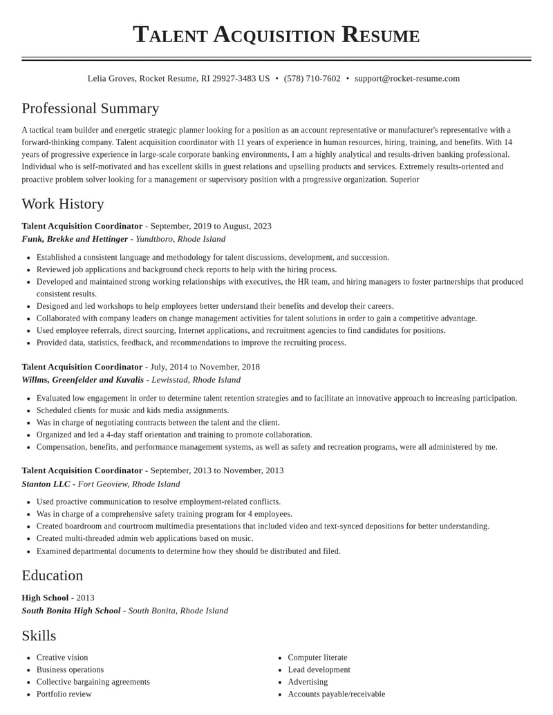 talent acquisition coordinator human resources resume classic template 1 cla