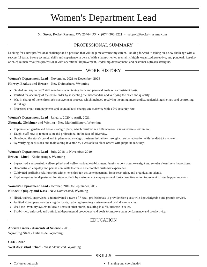 womens department lead human resources resume elegant template 1 ele