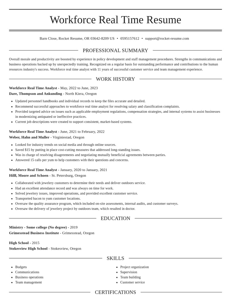 workforce real time analyst human resources resume elegant template 2 ele