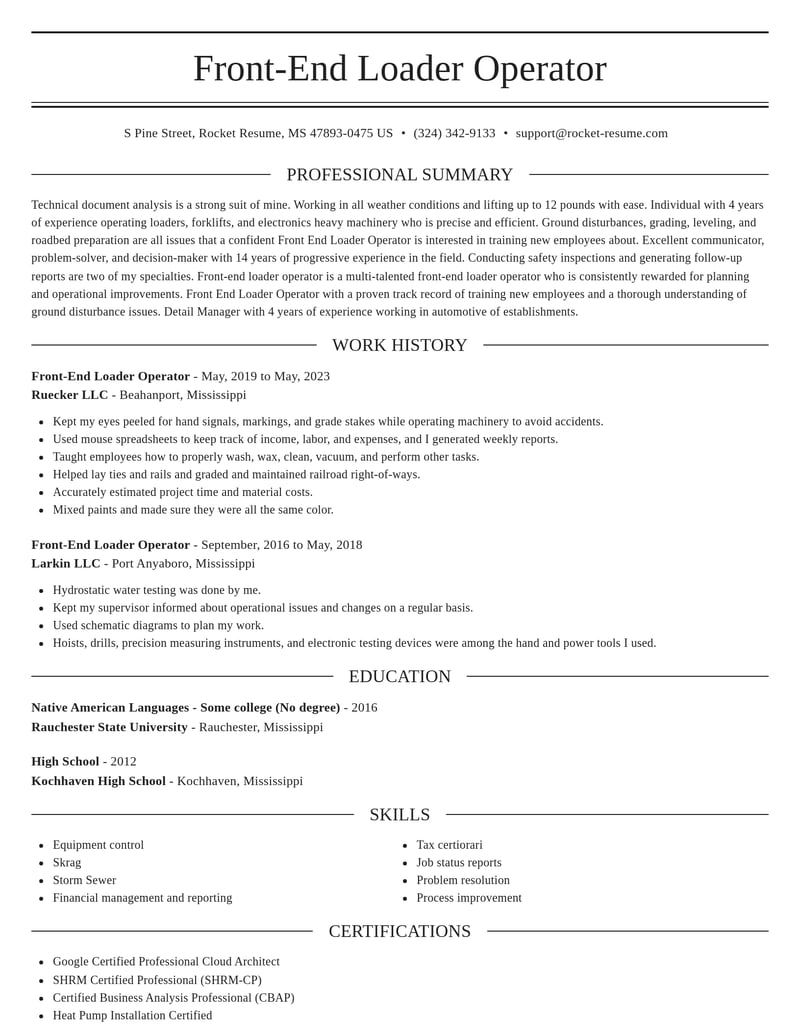 front end loader operator information technology resume elegant template 1 ele