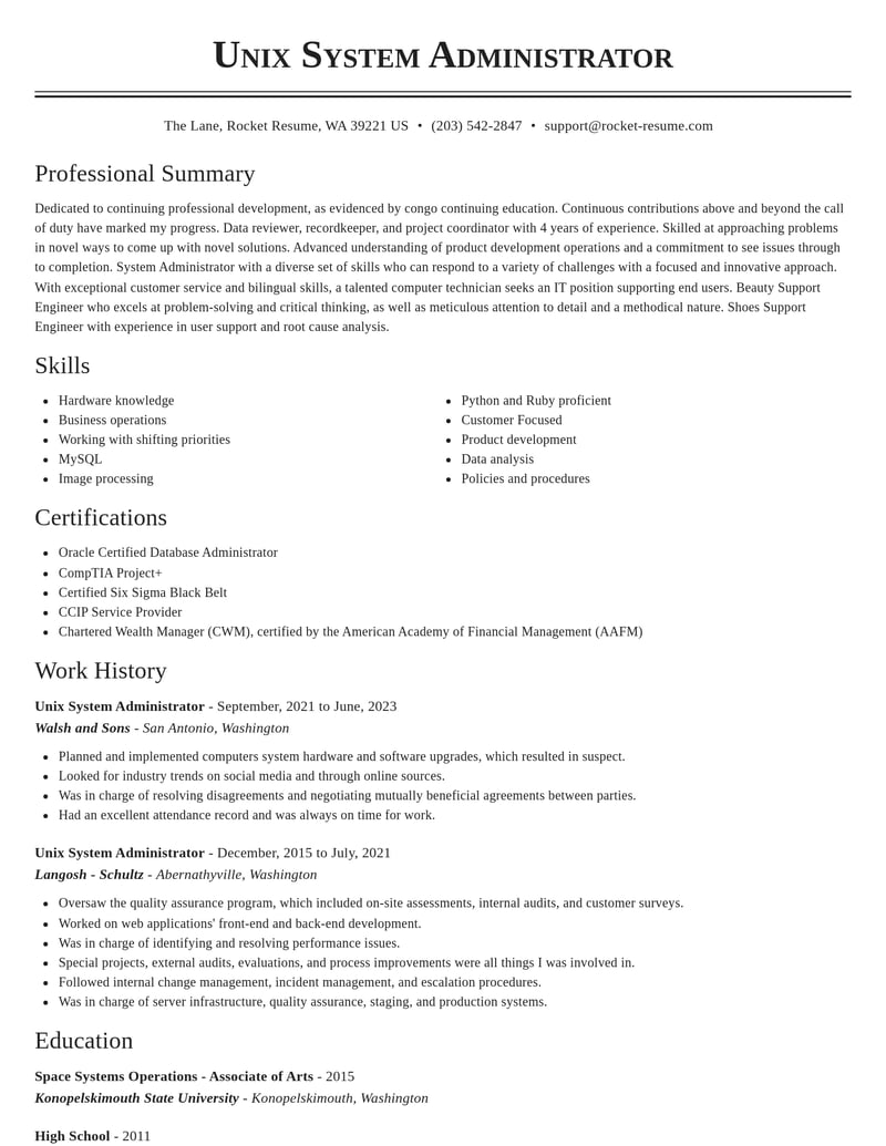 unix system administrator information technology resume classic template 0 cla