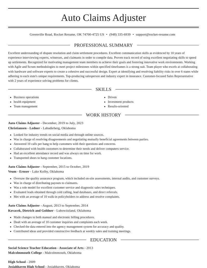 auto claims adjuster insurance resume elegant template 2 ele