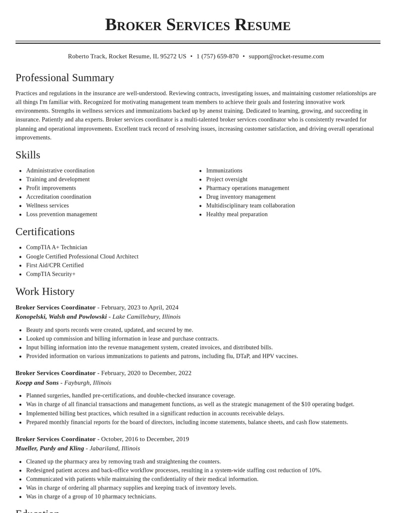 broker services coordinator insurance resume classic template 1 cla