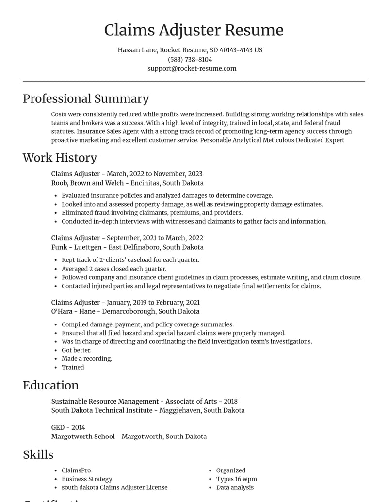 claims adjuster insurance resume focal point template 2 foc