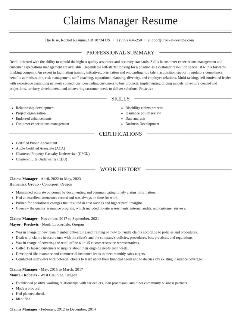 claims manager insurance resume elegant template 2 ele