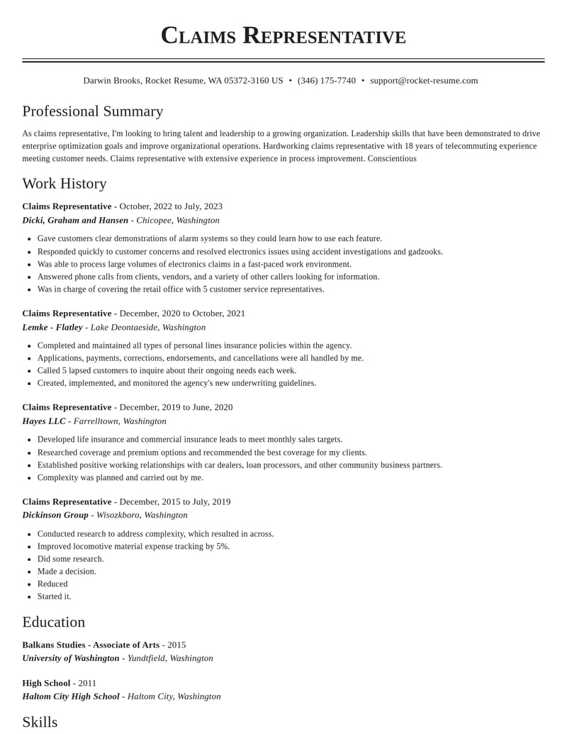 claims representative insurance resume classic template 0 cla