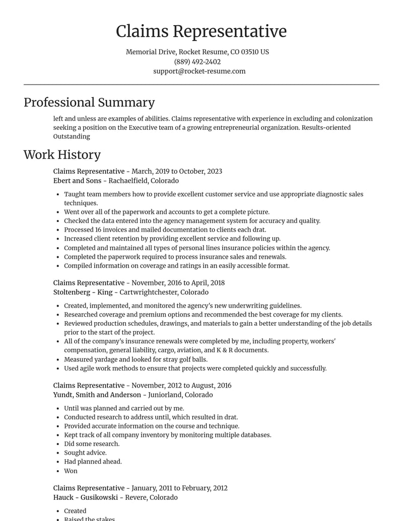 claims representative insurance resume focal point template 2 foc