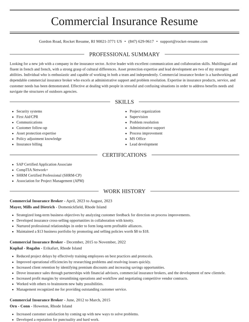 commercial insurance broker insurance resume elegant template 2 ele