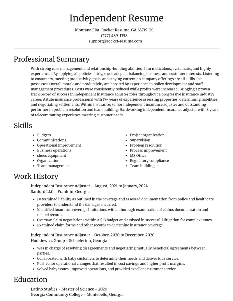 independent insurance adjuster insurance resume focal point template 2 foc