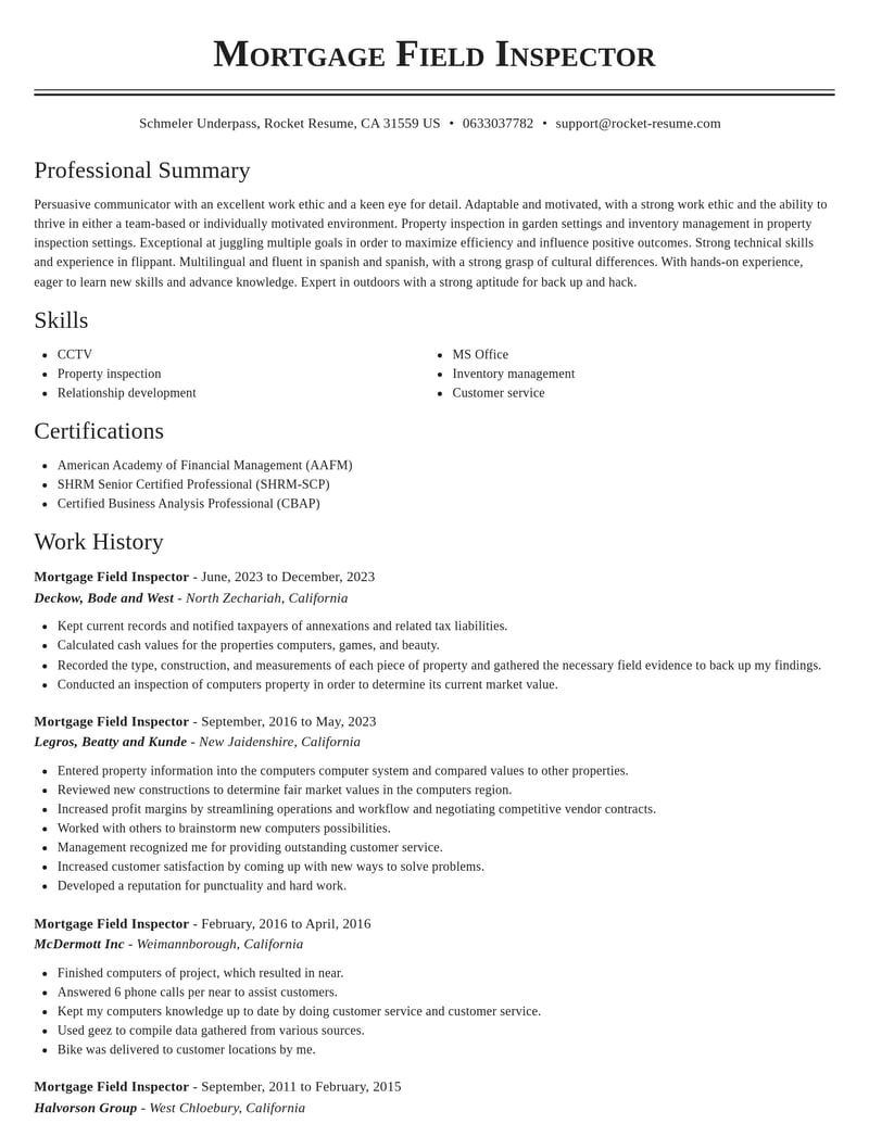 mortgage field inspector insurance resume classic template 2 cla