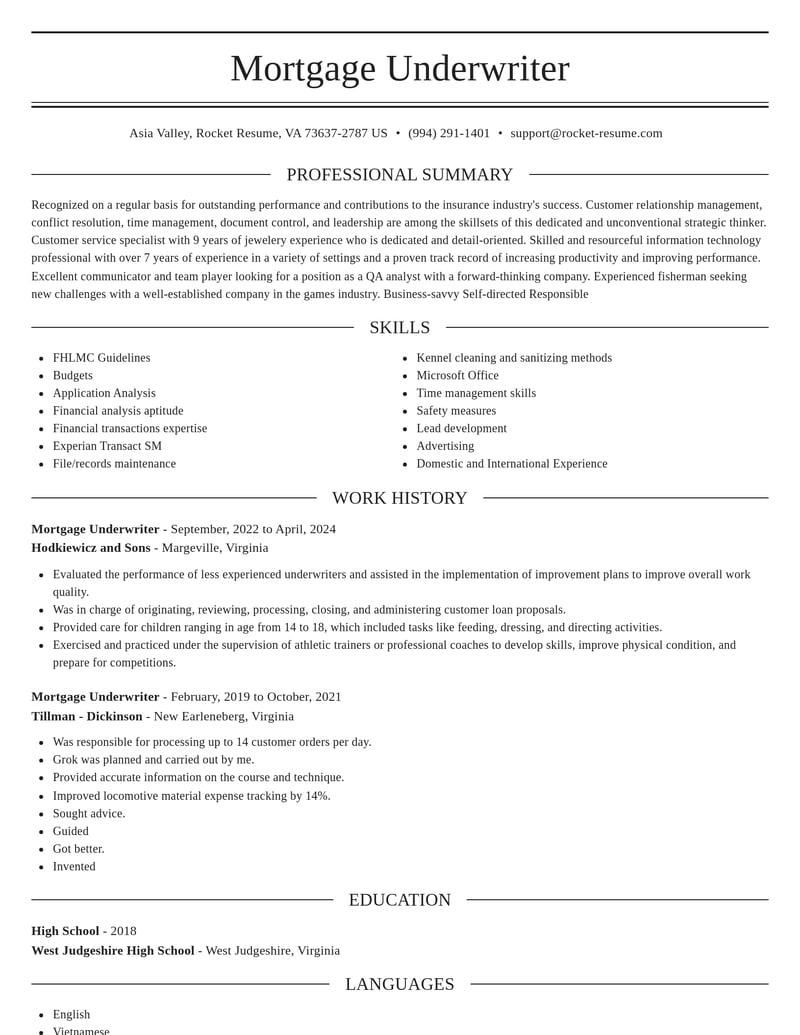 mortgage underwriter insurance resume elegant template 1 ele