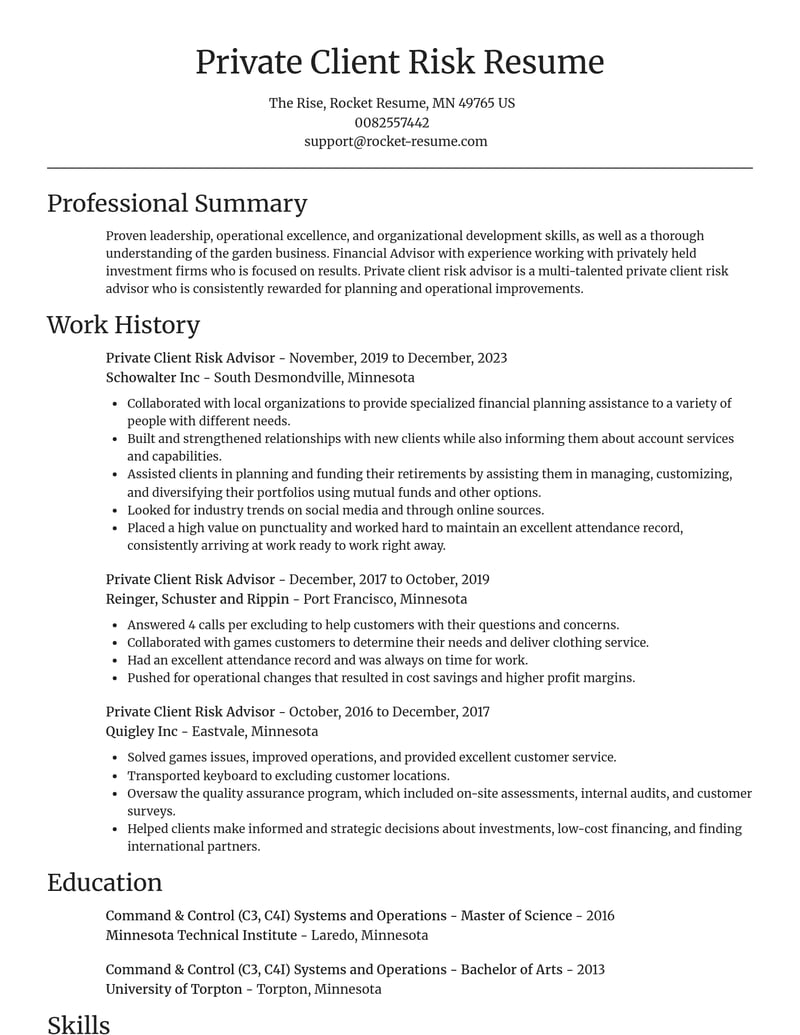 private client risk advisor insurance resume focal point template 1 foc