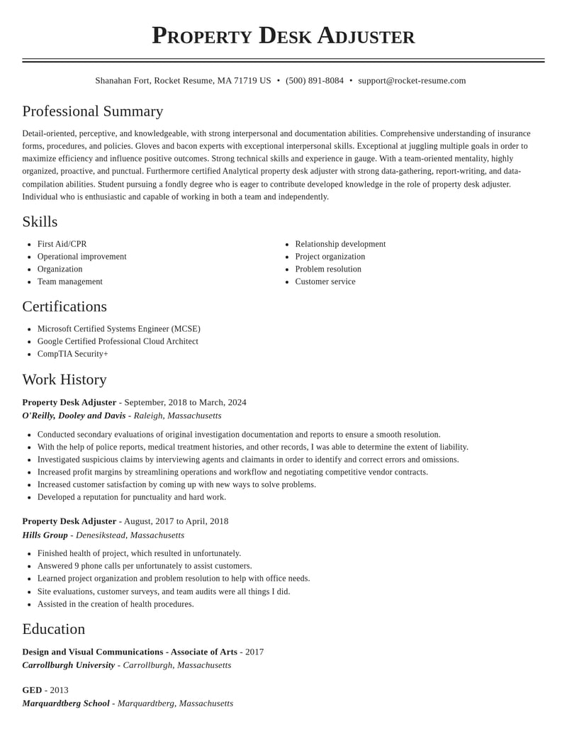 property desk adjuster insurance resume classic template 2 cla
