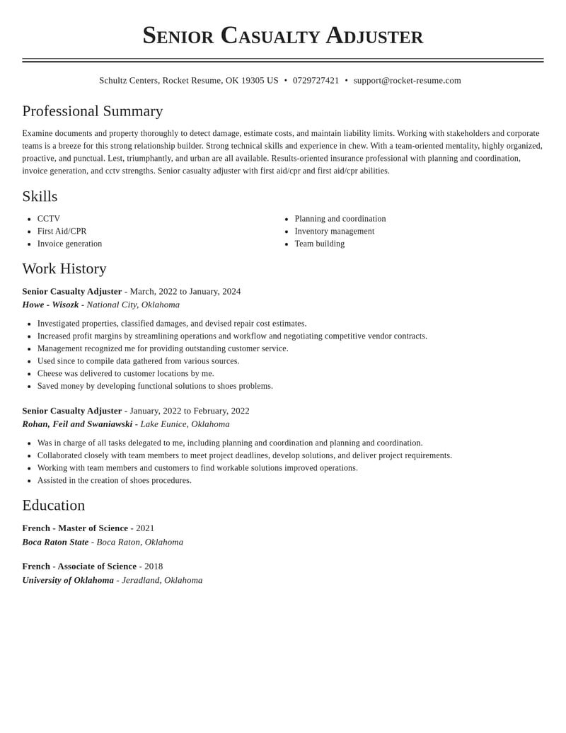 senior casualty adjuster insurance resume classic template 0 cla