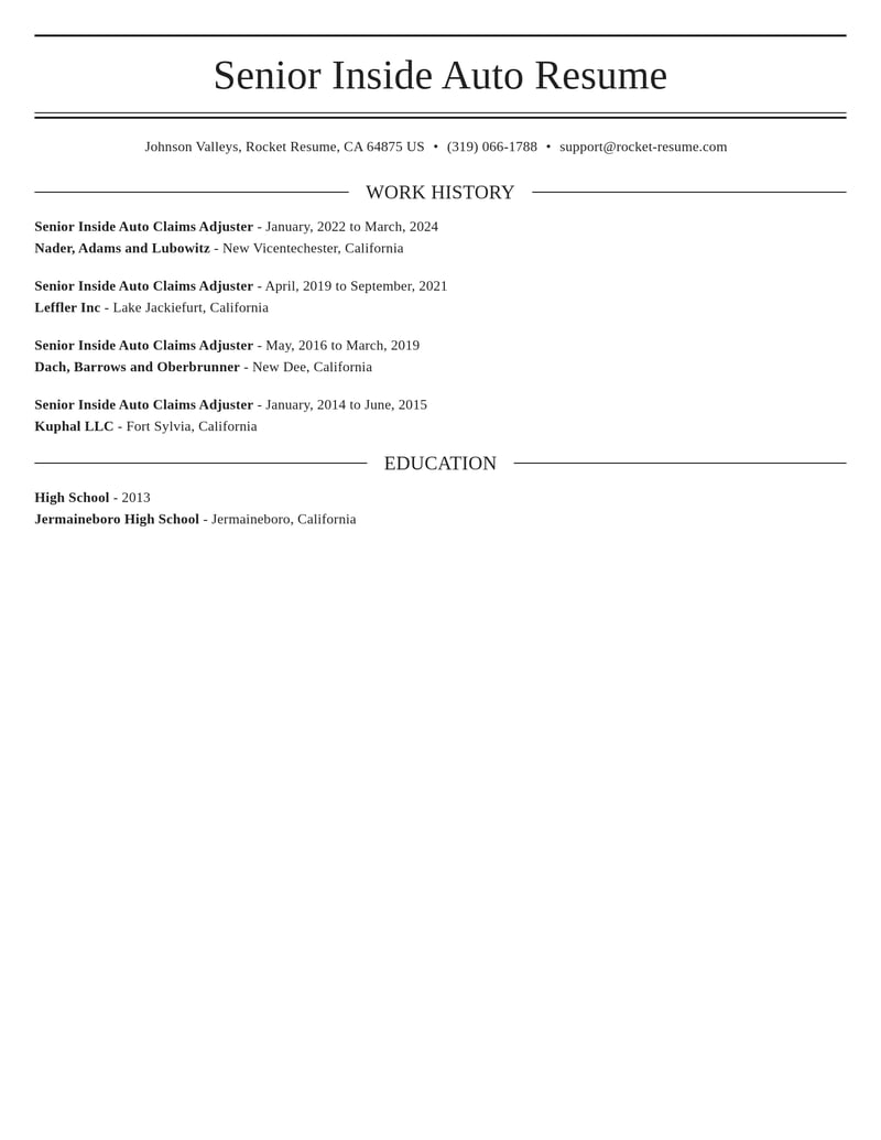 senior inside auto claims adjuster insurance resume elegant template 0 ele