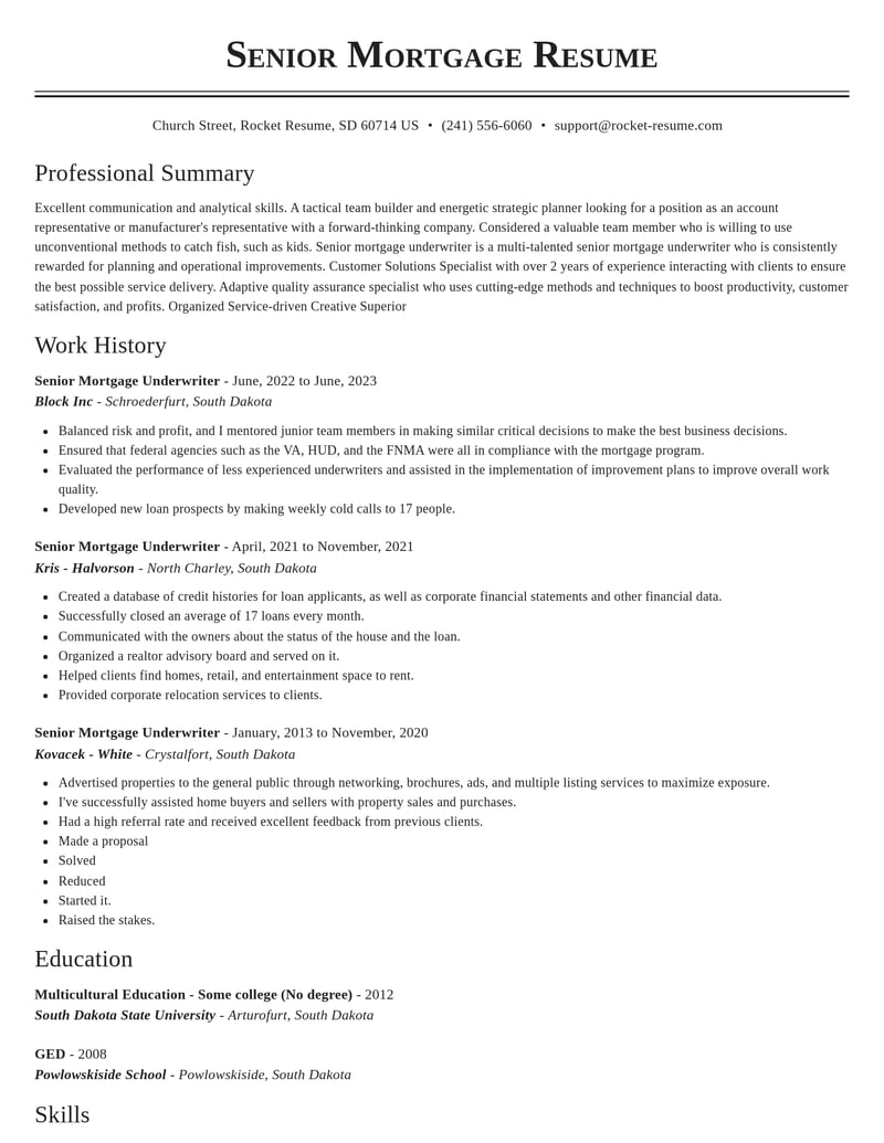 senior mortgage underwriter insurance resume classic template 2 cla