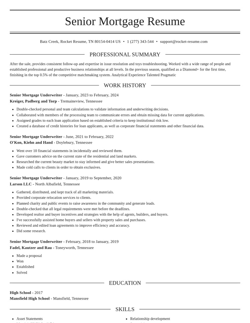 senior mortgage underwriter insurance resume elegant template 2 ele