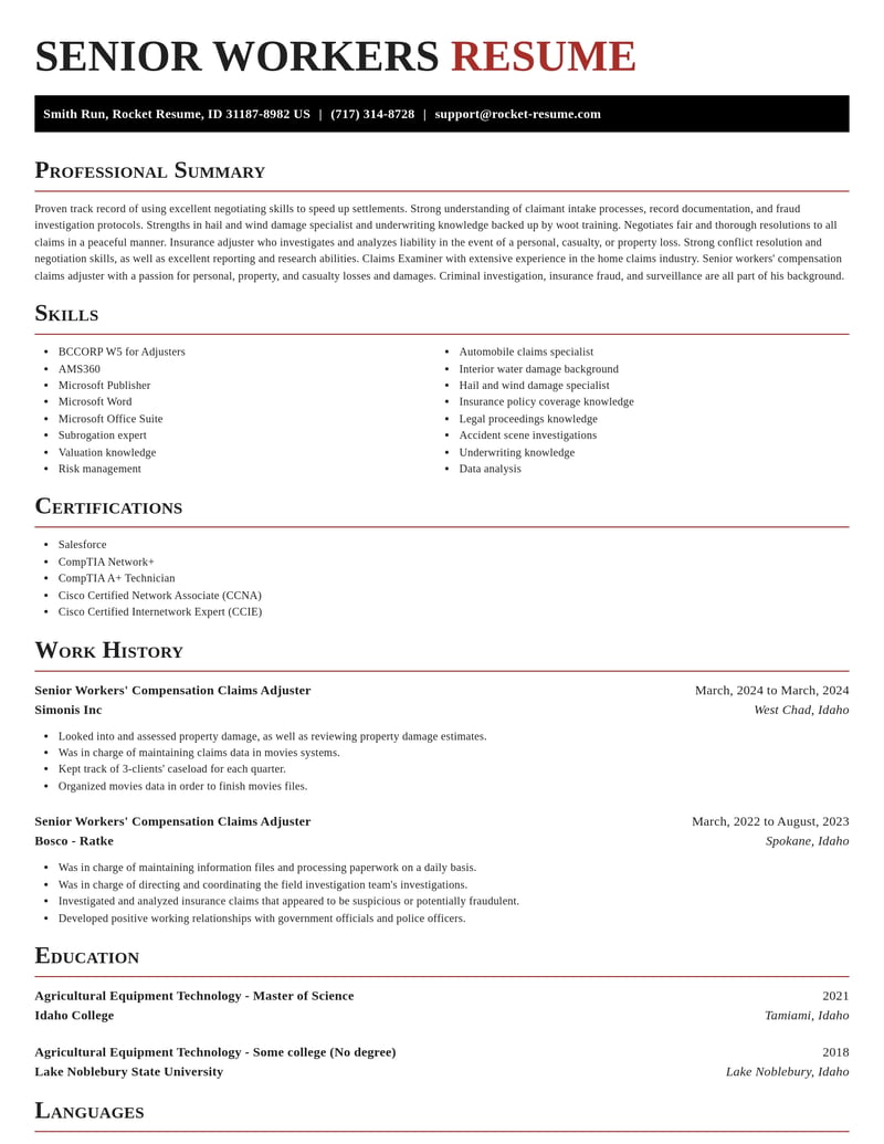 senior workers compensation claims adjuster insurance resume exquisite template 1 exq
