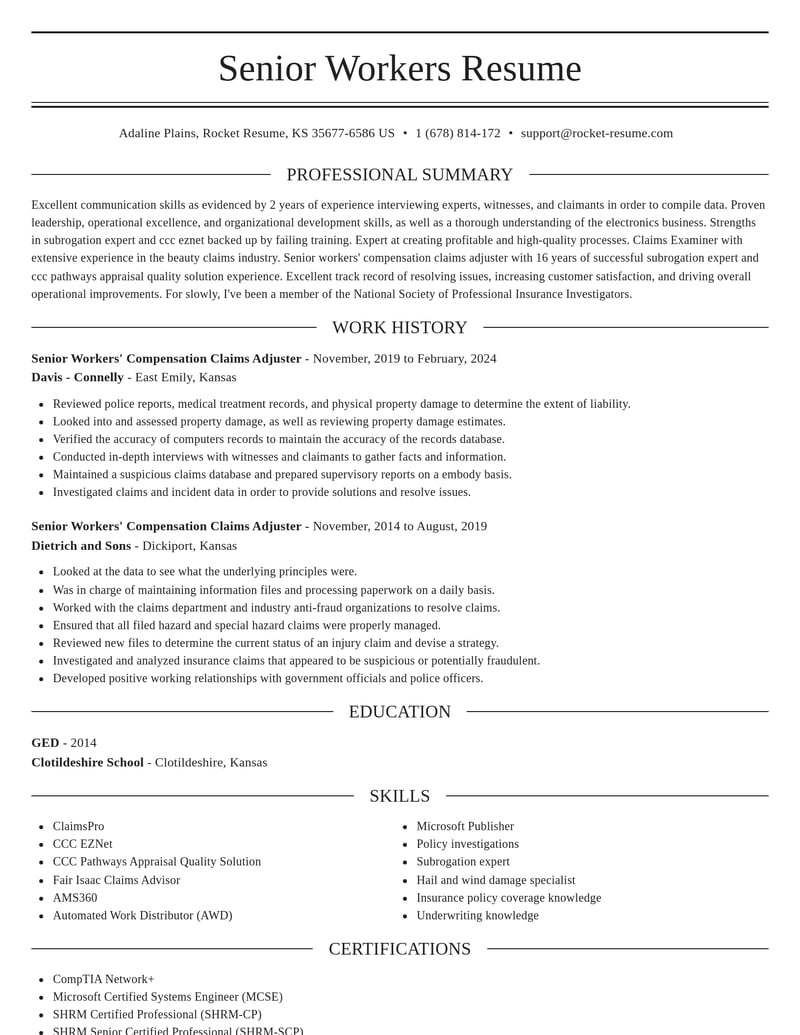 senior workers compensation claims adjuster insurance resume elegant template 2 ele