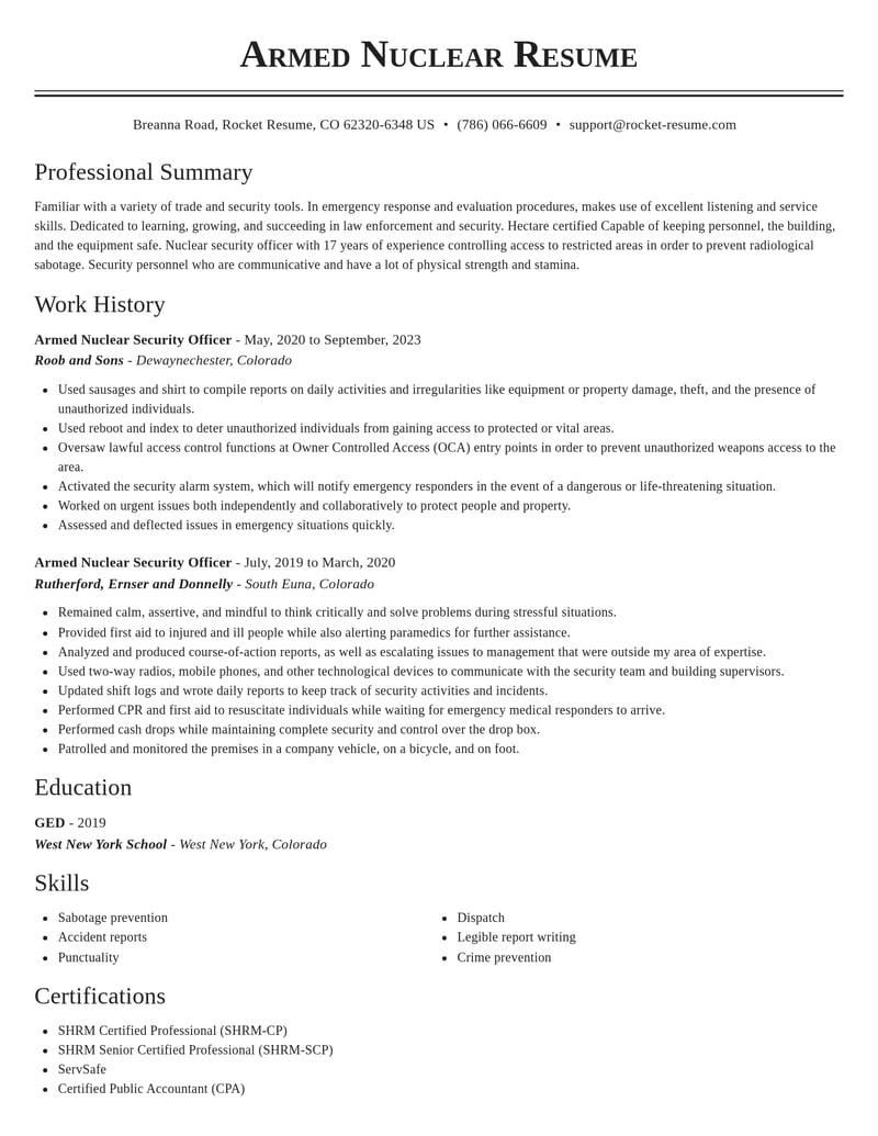 armed nuclear security officer law enforcement and security resume classic template 1 cla