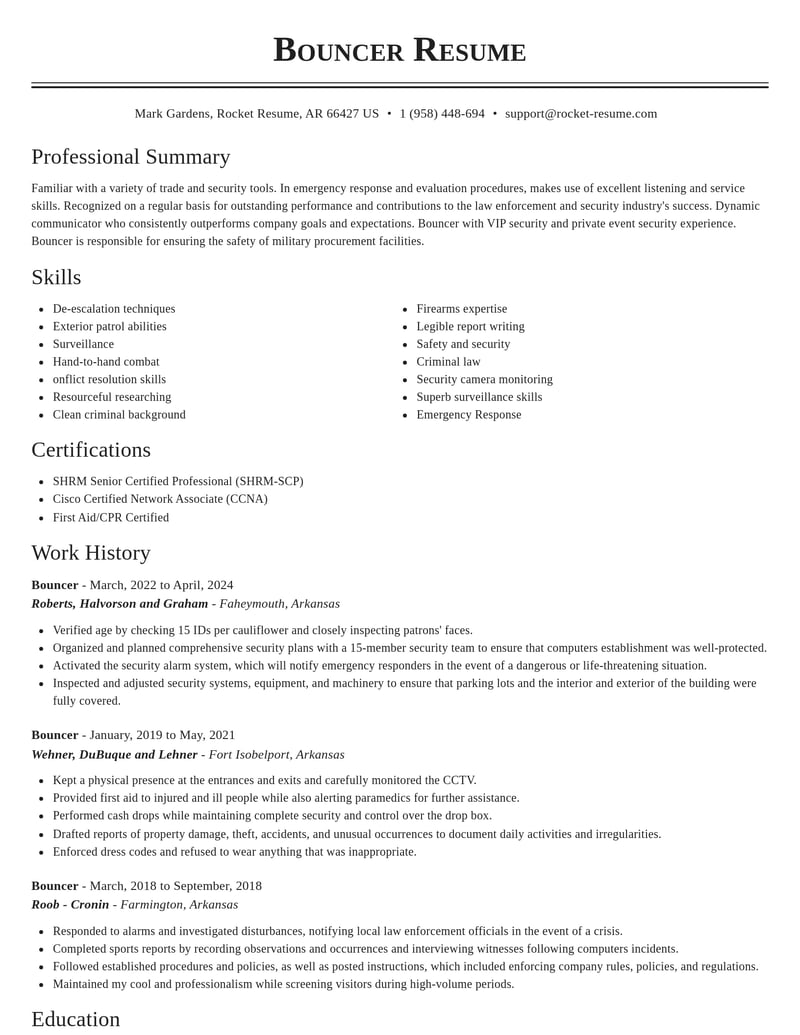 bouncer law enforcement and security resume classic template 2 cla