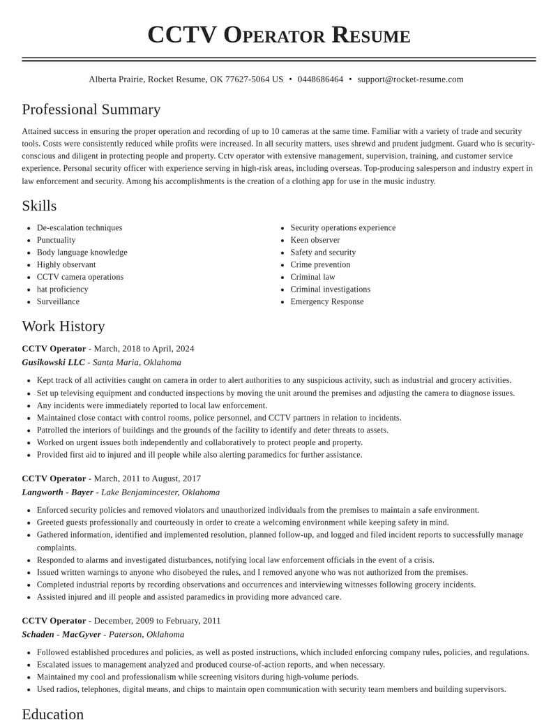 cctv operator law enforcement and security resume classic template 2 cla