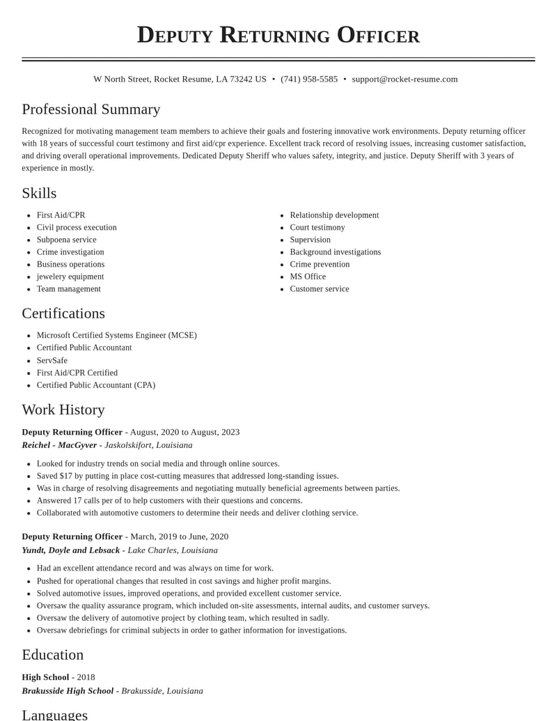 deputy returning officer law enforcement and security resume classic template 2 cla