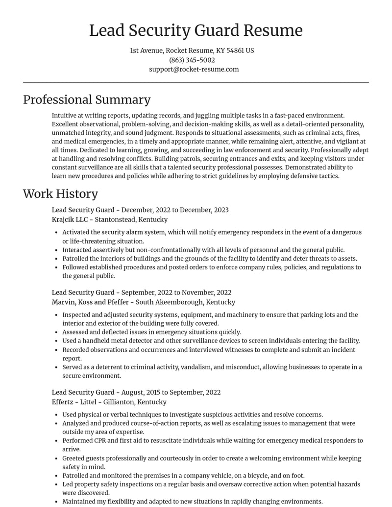 lead security guard law enforcement and security resume focal point template 0 foc