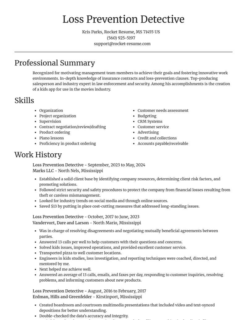 loss prevention detective law enforcement and security resume focal point template 2 foc