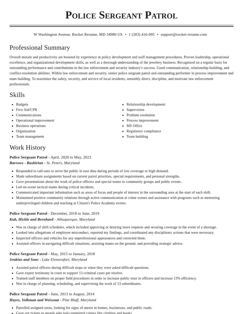police sergeant patrol law enforcement and security resume classic template 2 cla