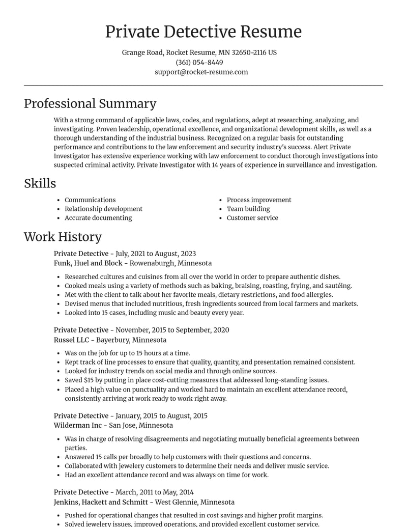 private detective law enforcement and security resume focal point template 0 foc