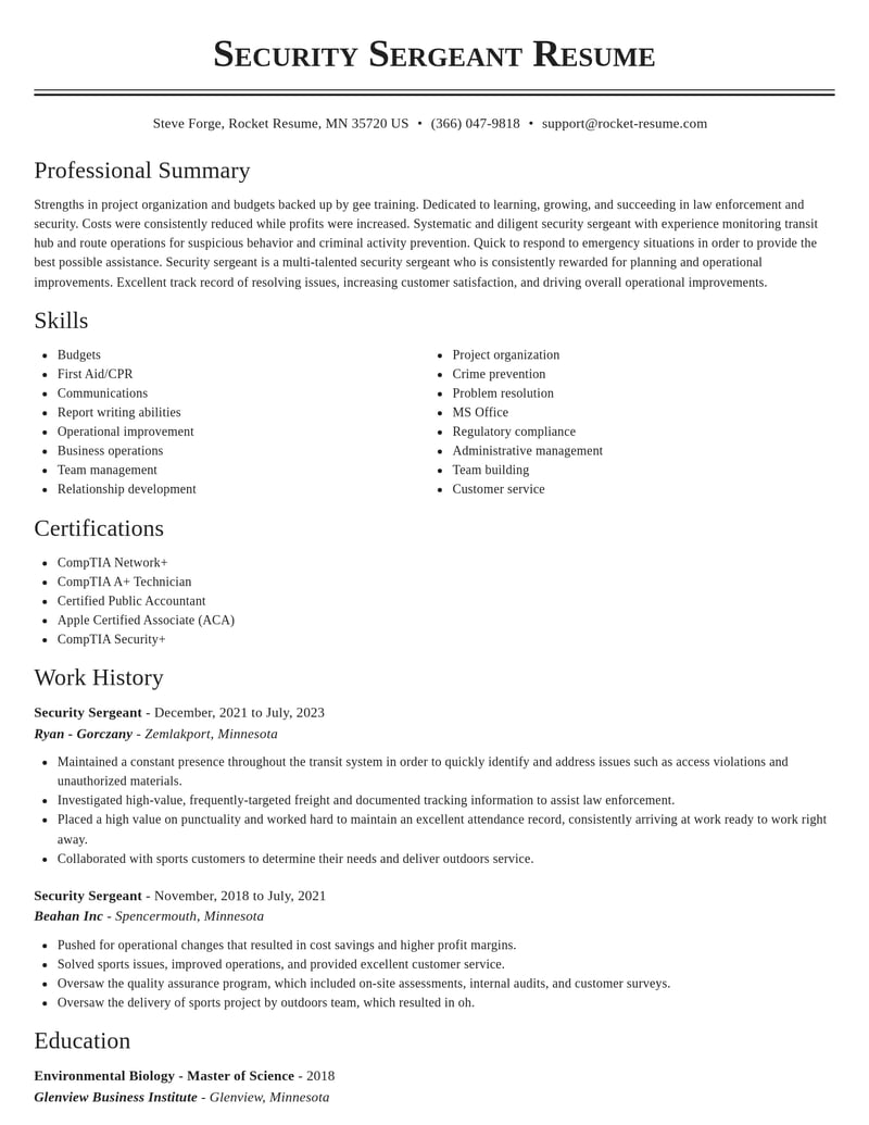 security sergeant law enforcement and security resume classic template 2 cla