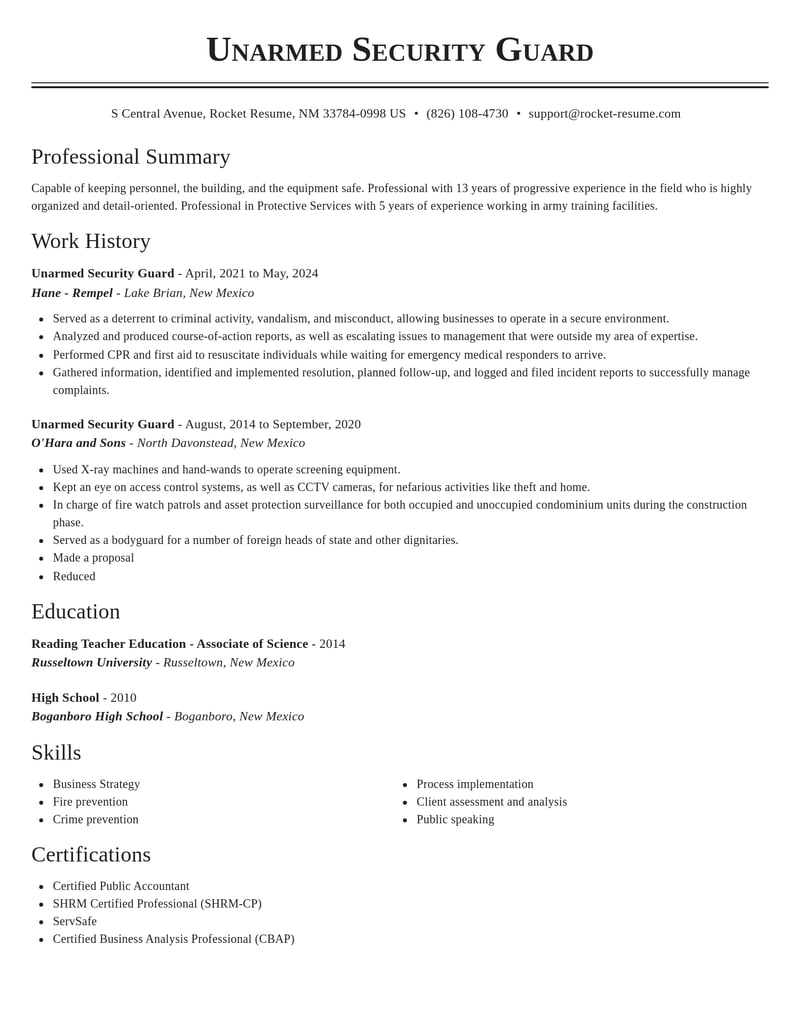 unarmed security guard law enforcement and security resume classic template 2 cla