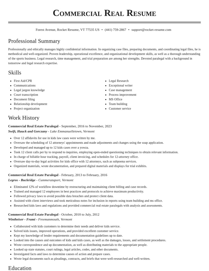 commercial real estate paralegal legal resume classic template 2 cla