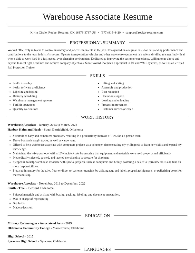 warehouse associate legal resume elegant template 0 ele
